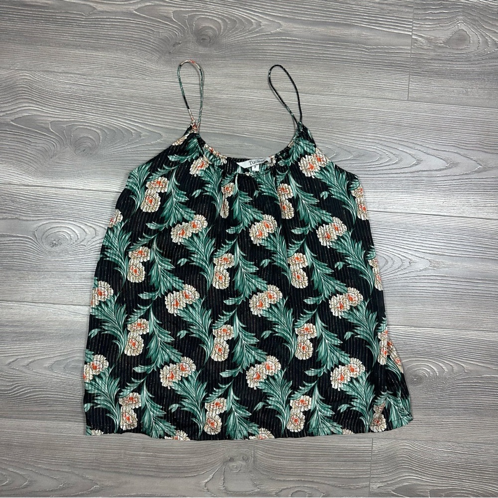 Tucker Silk Floral Striped Tank Top Metallic Threading Sleeveless‎ Blouse S